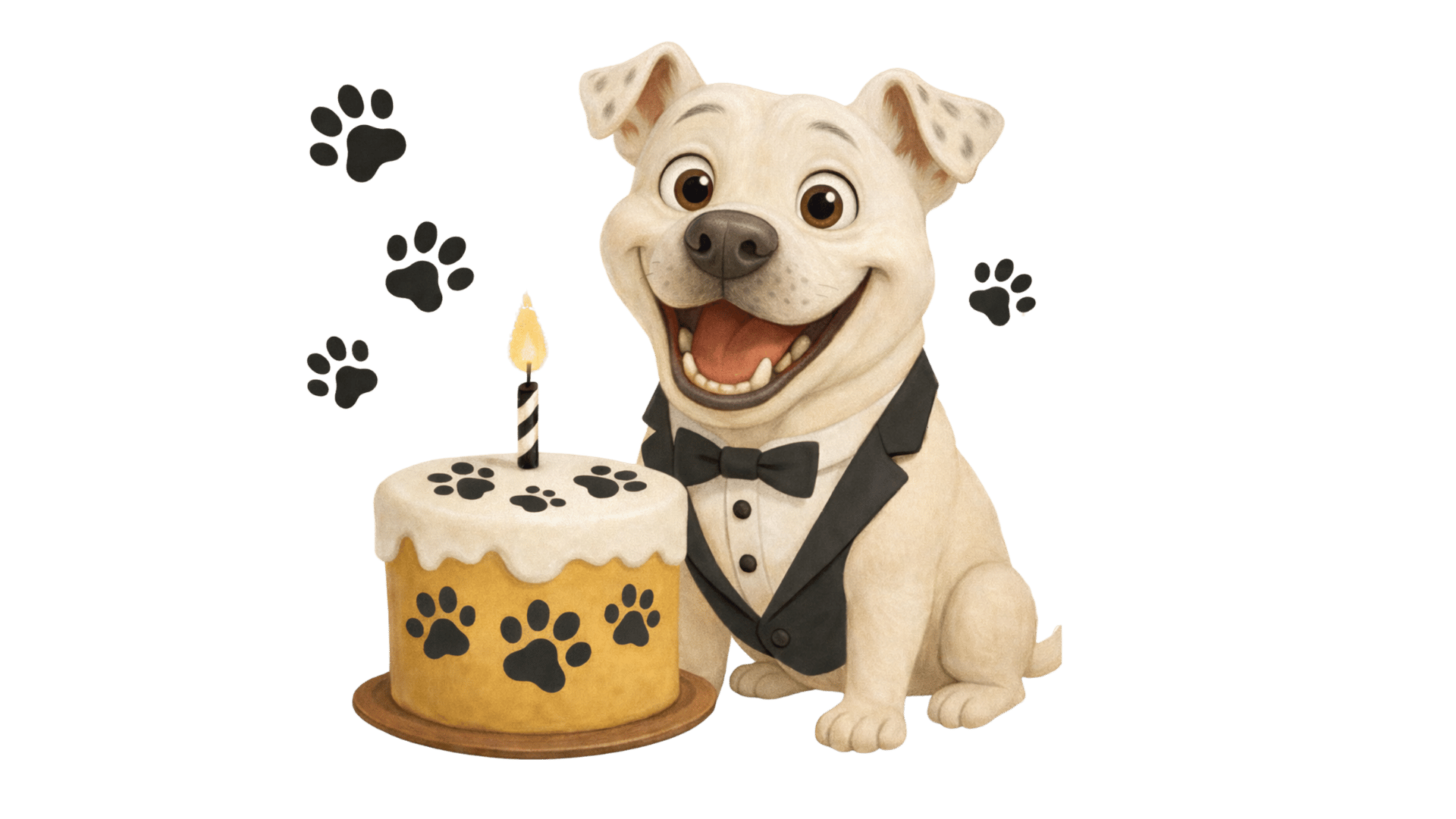 Bear, the bakery’s namesake — a smiling pup in a tuxedo beside a paw-print birthday cake.